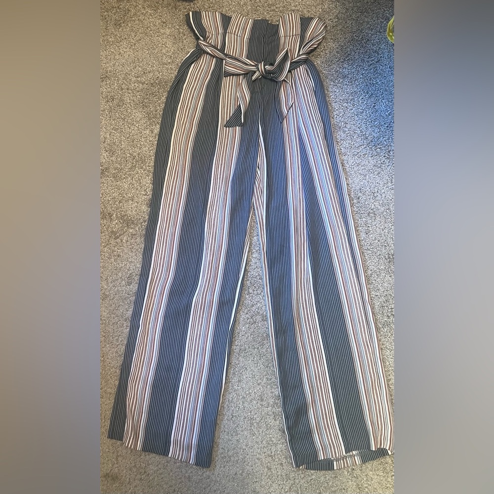 Striped Paperbag Wide-Leg Pants - Blue, red, & Cream